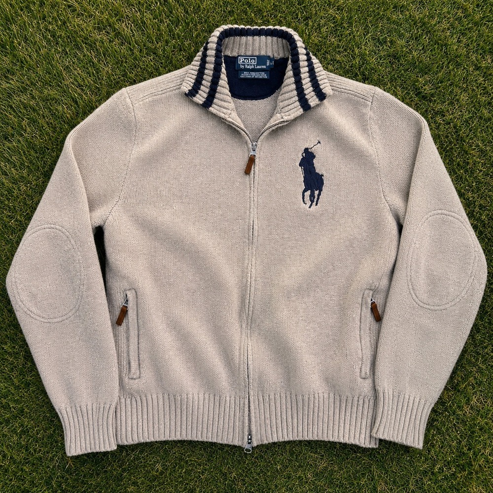 Polo Ralph Lauren Big Pony Full Zip Sweater XL Tan Beige Cotton Knit Elbow Patch